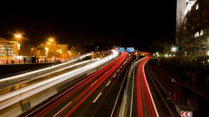 Превью обои дорога, свет, длинная выдержка, темный, ночь