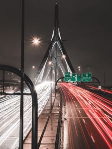 Превью обои дорога, трасса, мост, разметка, ночь