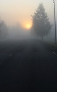 Превью обои дорога, туман, деревья, темный