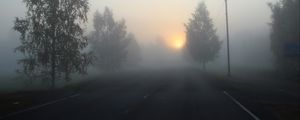 Превью обои дорога, туман, деревья, темный