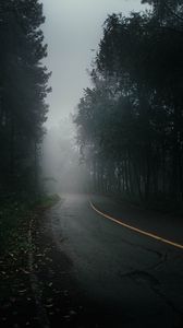 Превью обои дорога, туман, деревья, мрак, природа