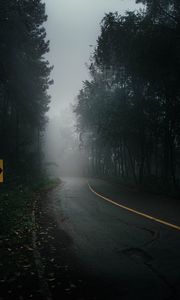 Превью обои дорога, туман, деревья, мрак, природа