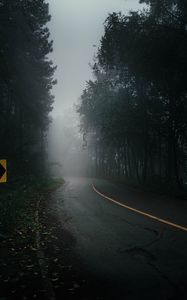 Превью обои дорога, туман, деревья, мрак, природа