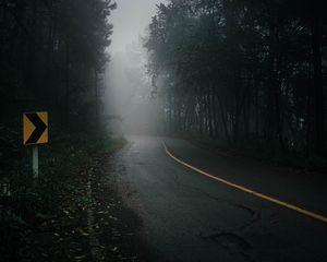 Превью обои дорога, туман, деревья, мрак, природа
