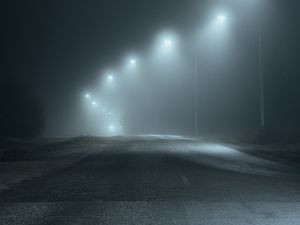 Превью обои дорога, туман, фонари, свет, темный