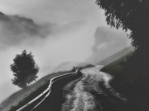 Превью обои дорога, туман, горы, деревья, чб