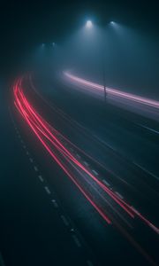 Превью обои дорога, туман, ночь, темный, огни