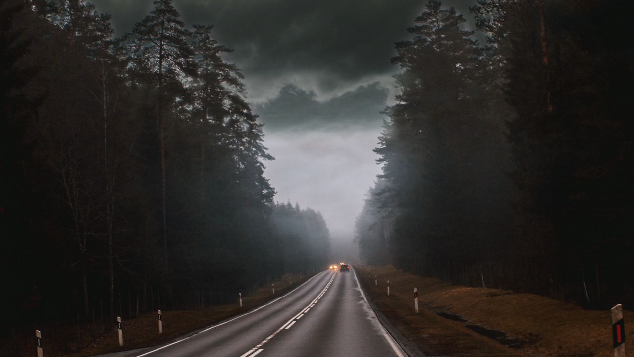 Обои дорога, туман, облака, пасмурно, автомобили, деревья