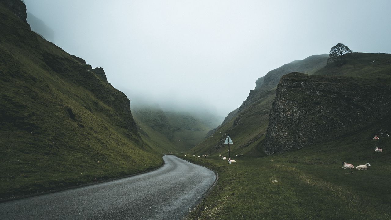 Обои дорога, туман, поворот, горы