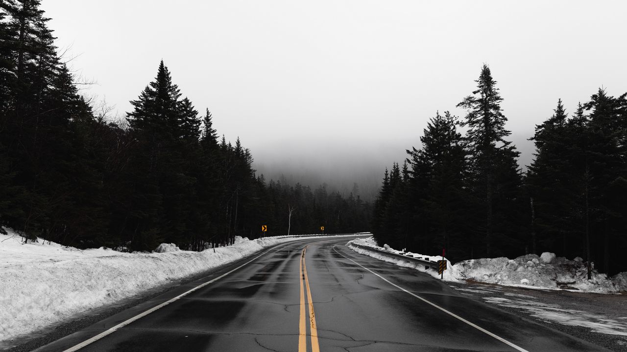 Обои дорога, туман, поворот, снег, пасмурно