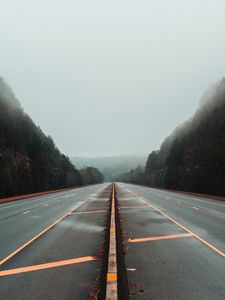 Превью обои дорога, туман, разметка, деревья, линии