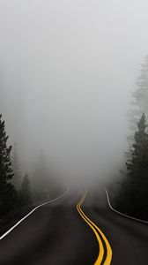 Превью обои дорога, туман, разметка, асфальт, поворот, деревья