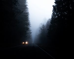 Превью обои дорога, туман, темный, деревья, машина