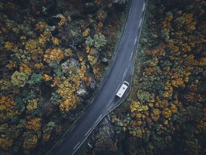 Превью обои дорога, вид сверху, деревья, осень, автомобиль
