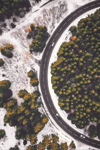 Превью обои дорога, вид сверху, лес, снежный