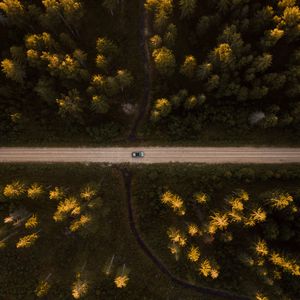 Превью обои дорога, вид сверху, лес, машина, деревья
