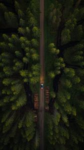 Превью обои дорога, вид сверху, машина, лес, деревья