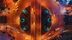 Превью обои дорога, вид сверху, машины, неон