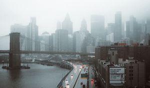 Превью обои дорога, здания, вид сверху, город, туман