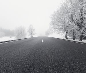 Превью обои дорога, зима, чб, снег, туман, деревья, направление