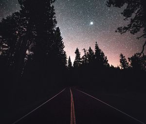 Превью обои дорога, звездное небо, ночь, деревья, разметка