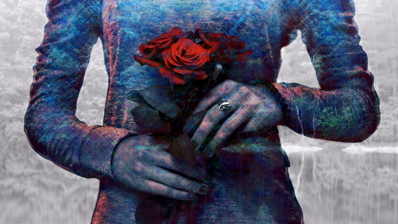 Обои double exposure, девушка, фотошоп, роза, руки