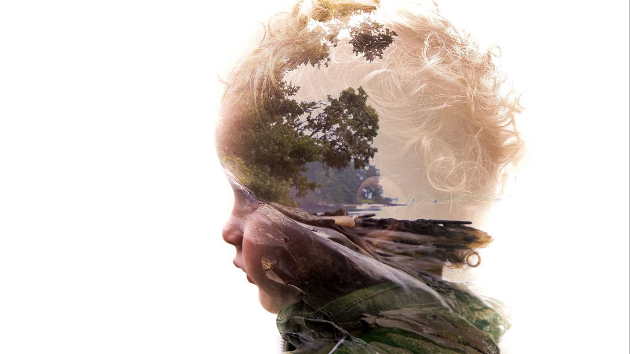 Обои double exposure, ребенок, лицо, профиль, природа