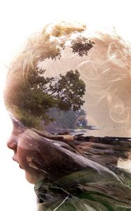 Превью обои double exposure, ребенок, лицо, профиль, природа