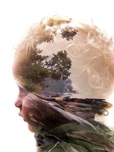 Превью обои double exposure, ребенок, лицо, профиль, природа