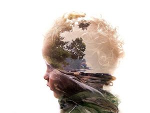 Превью обои double exposure, ребенок, лицо, профиль, природа