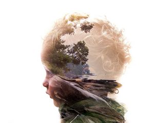 Превью обои double exposure, ребенок, лицо, профиль, природа