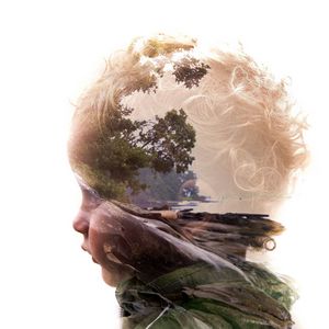 Превью обои double exposure, ребенок, лицо, профиль, природа