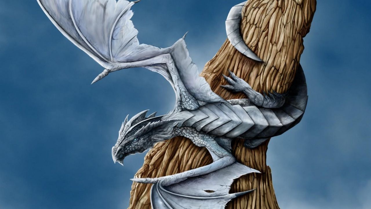 Обои дракон, дерево, крылья, обвитие