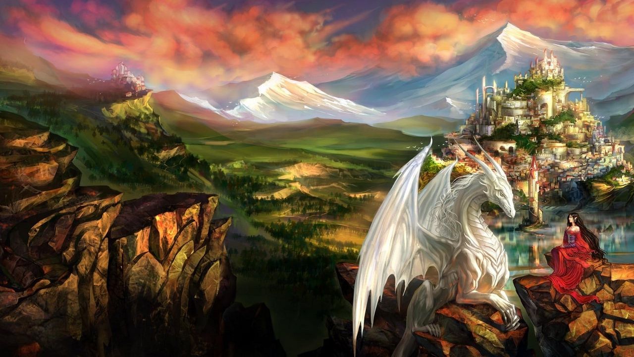 Обои дракон, девушка, эльф, дружба, горы, замок