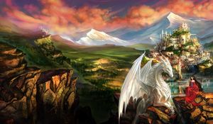 Превью обои дракон, девушка, эльф, дружба, горы, замок