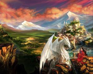Превью обои дракон, девушка, эльф, дружба, горы, замок