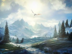 Превью обои дракон, горы, снег, фэнтези, пейзаж, арт