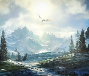 Превью обои дракон, горы, снег, фэнтези, пейзаж, арт