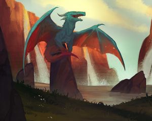 Превью обои дракон, крылья, скалы, арт