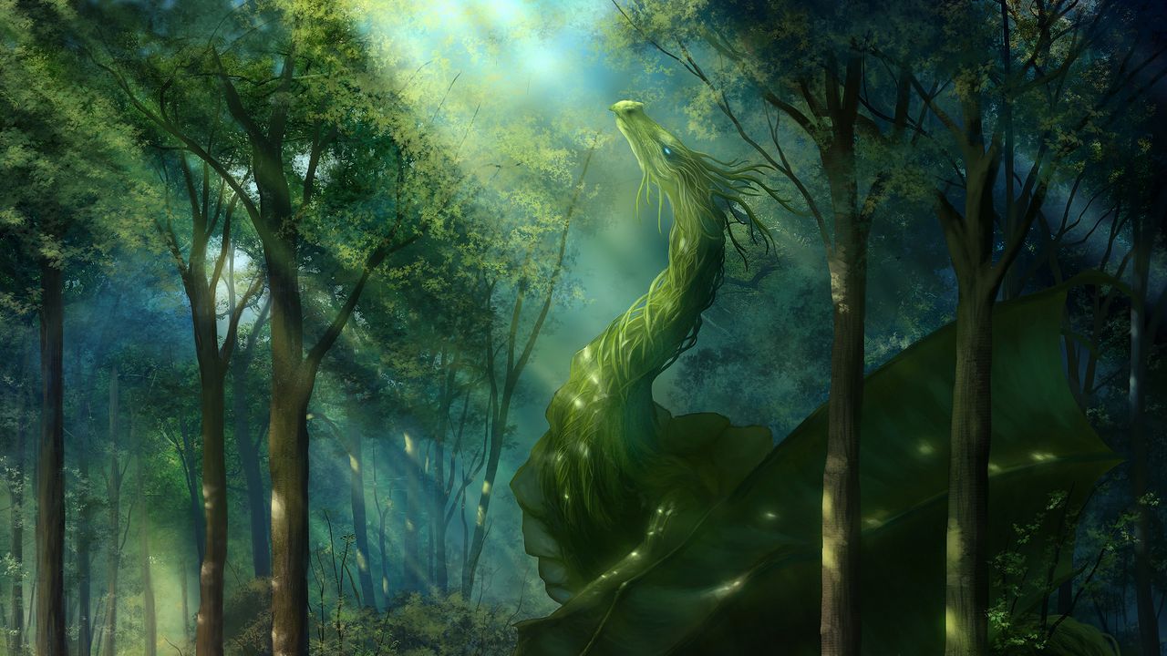 Обои дракон, лес, арт, зеленый, солнечный свет