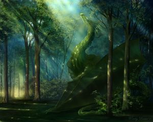 Превью обои дракон, лес, арт, зеленый, солнечный свет