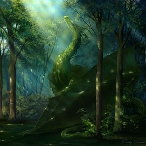 Превью обои дракон, лес, арт, зеленый, солнечный свет