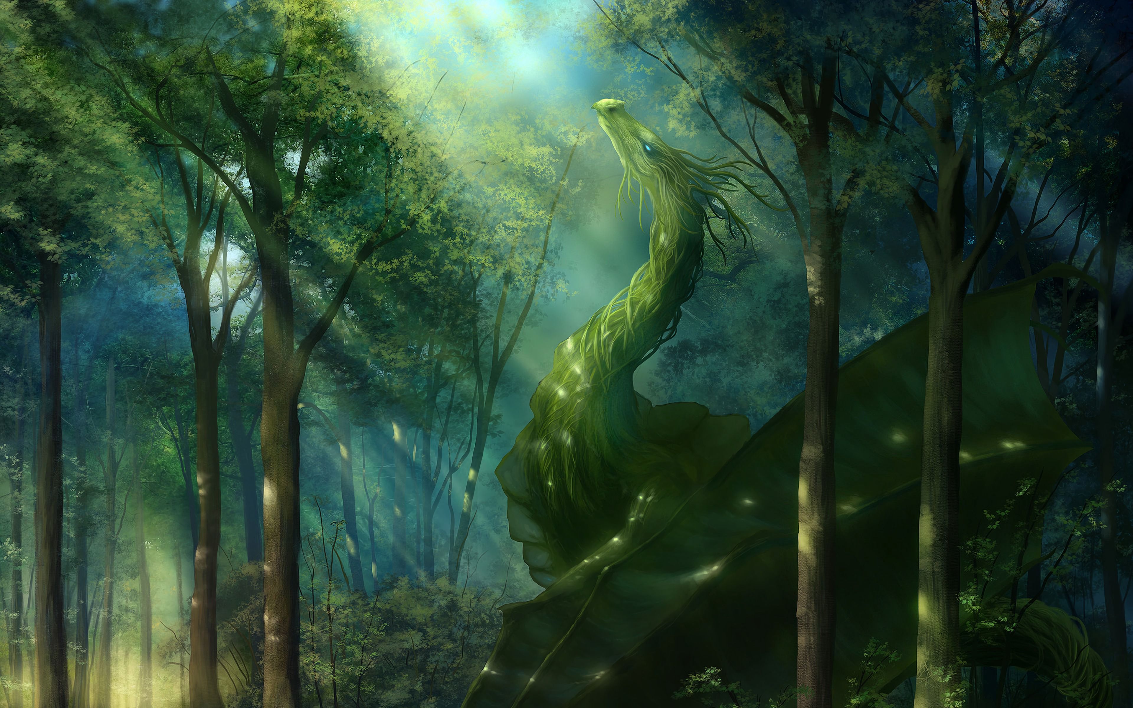 3840x2400 дракон, лес, арт, зеленый, солнечный свет обои 4k ultra hd 16:10.