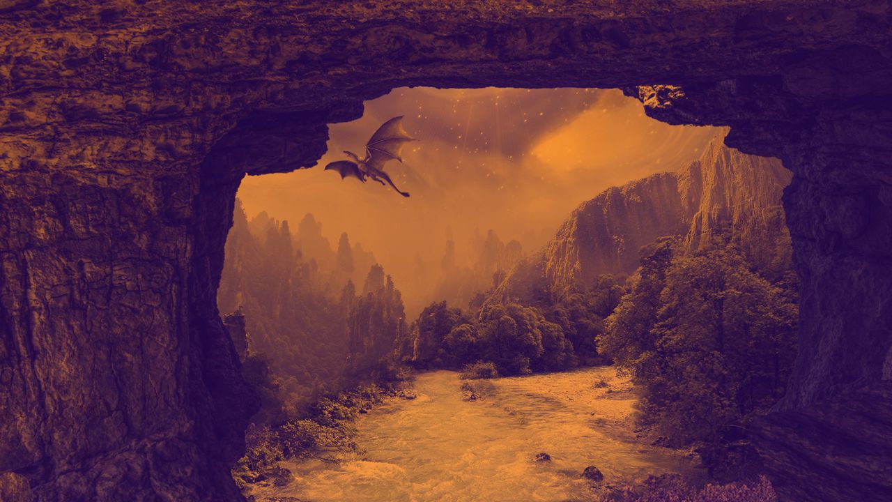 Обои дракон, мистический, фэнтези, водопад, река, скалы