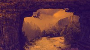 Превью обои дракон, мистический, фэнтези, водопад, река, скалы