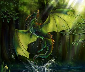Превью обои дракон, озеро, лес, вода, арт