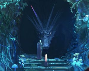 Превью обои дракон, силуэты, лестница, фэнтези, арт