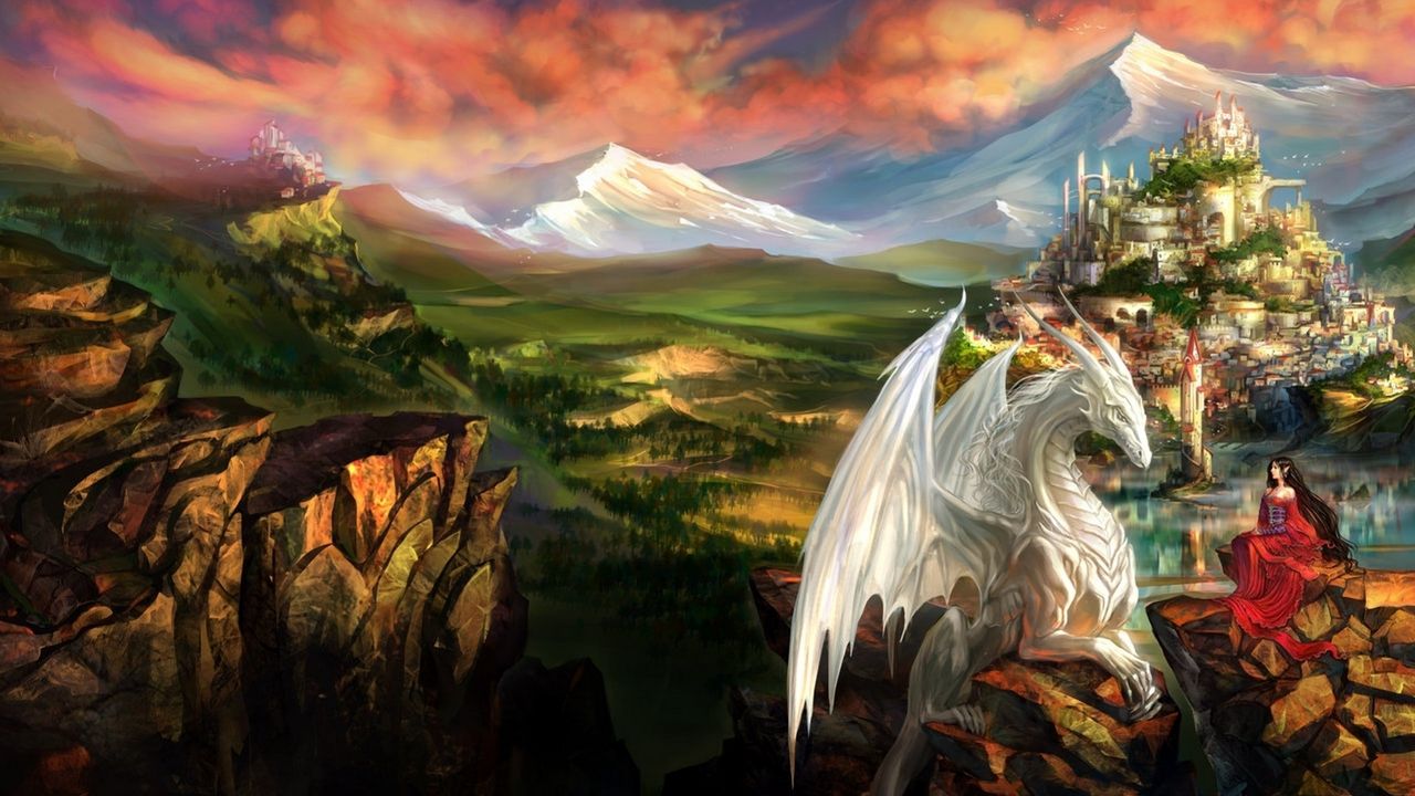Обои дракон, замок, принцесса, горы, пейзаж