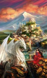 Превью обои дракон, замок, принцесса, горы, пейзаж
