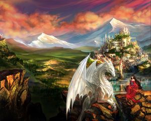 Превью обои дракон, замок, принцесса, горы, пейзаж